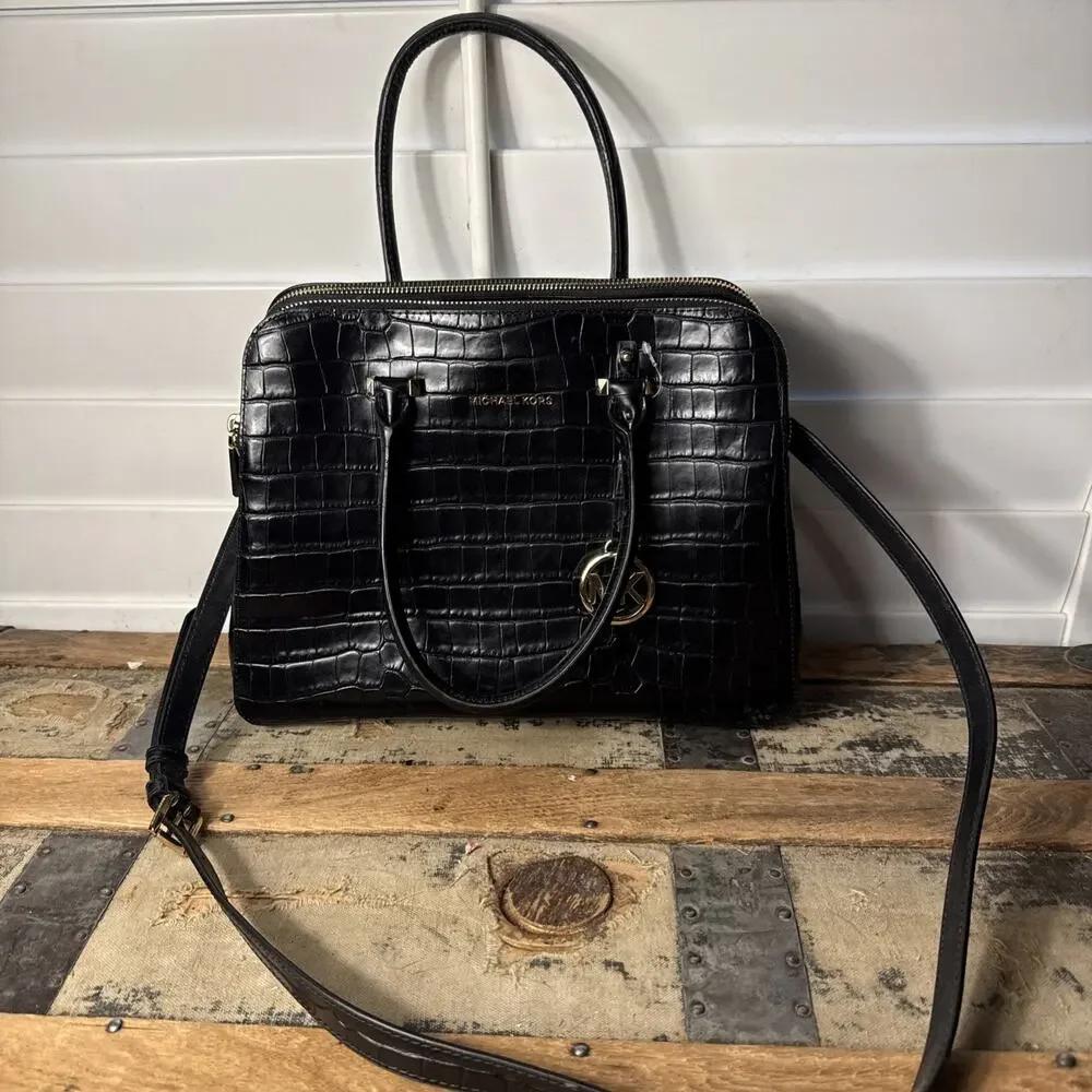 Michael Kors Houston Croc Embossed Double Zip Black Leather Satchel